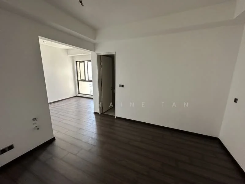 Room features: white painted walls, dark wood laminate flooring, floor-to-ceiling window, doorway leading to another room, light fixture on ceiling, switches and outlets visible; style: modern.
