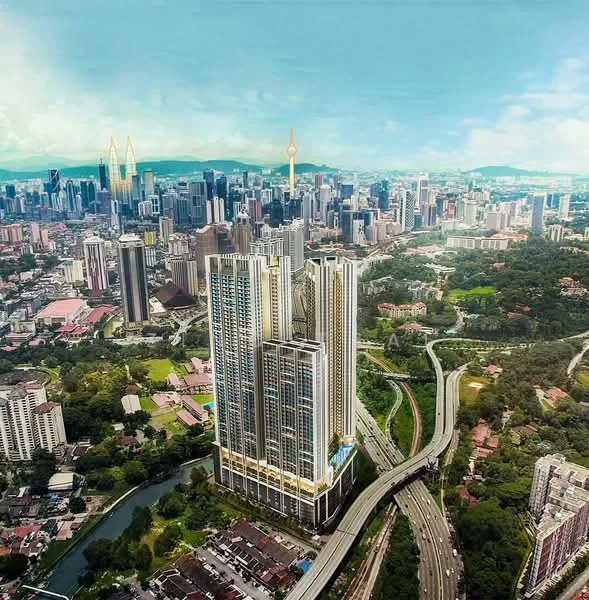Exterior type: high-rise condominium; features: glass curtain wall, recessed balconies, feature lighting at night, surrounded by mature greenery, fronts a main road, urban skyline view in background; style: modern.
