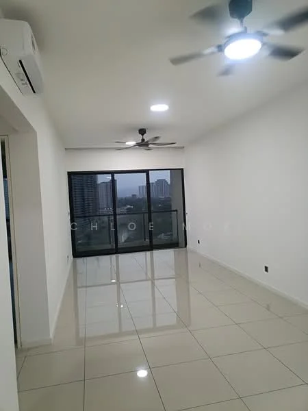Living features: white painted walls, glossy ceramic tile flooring, 2 ceiling fans, recessed LED downlights, floor-to-ceiling windows, sliding glass door, city view, air conditioning unit; style: modern; view: city.