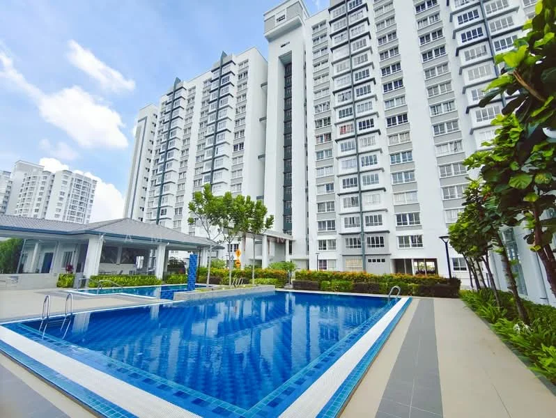 Exterior type: high-rise condominium; features: infinity pool, pool deck with loungers, landscaped garden, manicured lawn, surrounded by mature greenery, multiple-storey building, glass facade, outdoor pavilion; style: modern.
