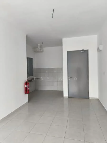 Room features: white painted walls, grey tiled flooring, wall-mounted split AC, fire extinguisher mounted on wall, grey door, window with grid, light fixture on ceiling; style: modern.