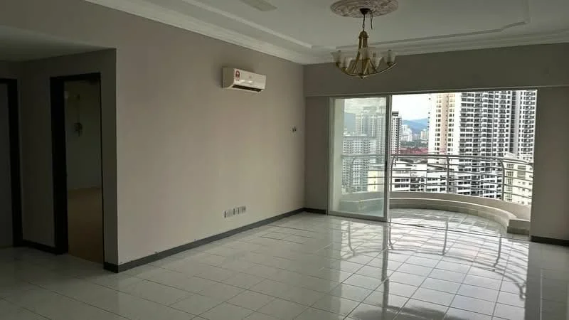 Living features: white painted walls, glossy white tile flooring, tray ceiling with chandelier, floor-to-ceiling windows, sliding glass door, balcony access, 1 wall-mounted split AC, city view, neutral color scheme, crown moulding; style: modern; view: city.