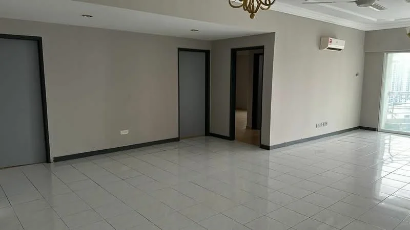 Room features: white painted walls, glossy ceramic tile flooring, ceiling with chandelier, 1 wall-mounted split AC, sliding glass door, grey doors, recessed lighting, neutral color scheme; style: modern; view: city.