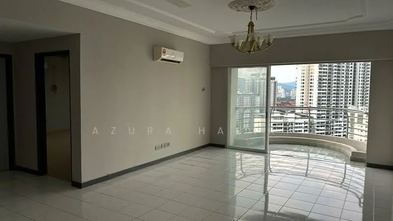 Living features: white painted walls, ceramic tile flooring, tray ceiling, 5-blade ceiling fan, floor-to-ceiling windows, sliding glass door, balcony with city view, air conditioning unit, chandelier; style: modern; view: city.