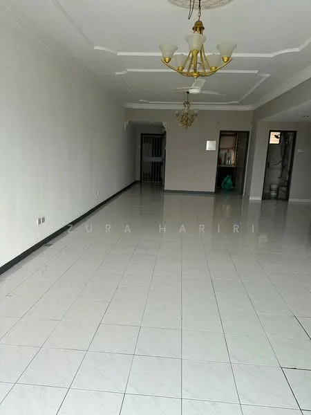 Living features: white painted walls, polished ceramic tile flooring, tray ceiling with chandelier, large open space, neutral color scheme, doorway leading to other rooms, windows allowing natural light, no visible furniture; style: modern.