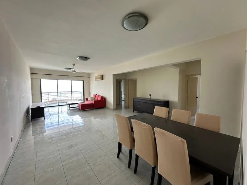 Living features: large floor-to-ceiling windows, sliding glass door, red fabric sofa, 4-seater dining table, upholstered dining chairs, dark wooden sideboard, white painted walls, ceramic tile flooring, ceiling fan with light, recessed ceiling lights, air conditioning unit; style: modern; view: city.