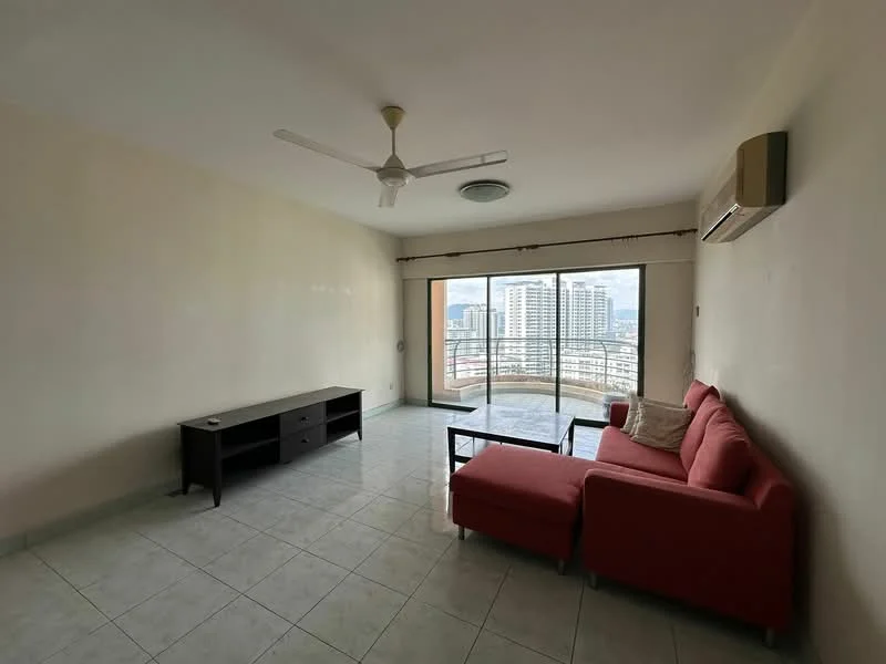 Living features: red fabric sofa, coffee table, floor-to-ceiling windows, city skyline view, 5-blade ceiling fan, wall-mounted air conditioning unit, light-colored walls, ceramic tile flooring; style: modern; view: city.