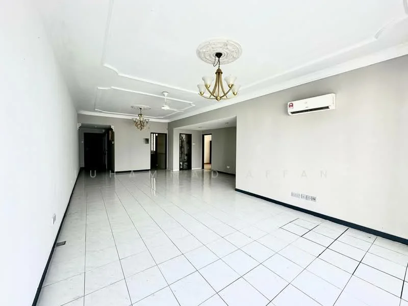 Living features: white painted walls, white ceiling with crown moulding, recessed downlights, chandelier, 2 ceiling fans, white tiled flooring, 1 wall-mounted split AC, large open space, no visible furniture, neutral color scheme; style: modern.