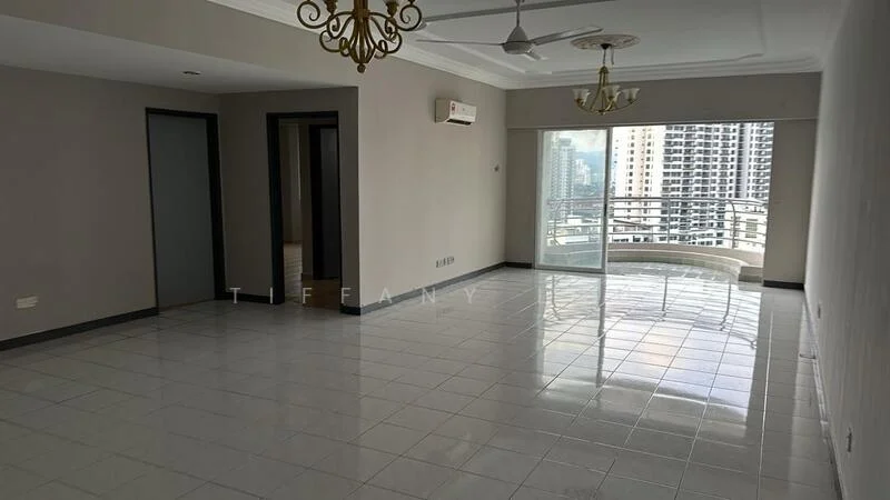 Living features: white painted walls, glossy ceramic tile flooring, tray ceiling with chandelier, 5-blade ceiling fan with light, floor-to-ceiling windows, sliding glass door, balcony view, air conditioning unit; style: modern; view: city.
