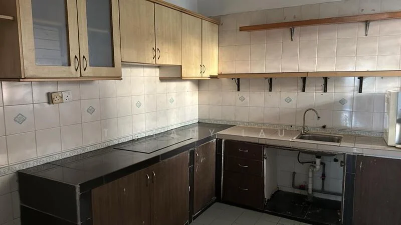 Kitchen features: wood cabinetry with glass-front upper cabinets, black countertop, single-bowl stainless-steel sink, chrome faucet, ceramic tile backsplash, white tiled walls, grey floor tiles, built-in stove, open shelving, under-sink plumbing visible.