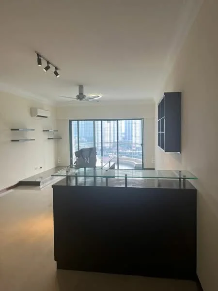Living features: floor-to-ceiling windows, city view, 5-blade ceiling fan with light, light-colored painted walls, recessed downlights, open layout with kitchen island, glass countertop on kitchen island, shelves mounted on walls, air conditioning unit; style: modern.