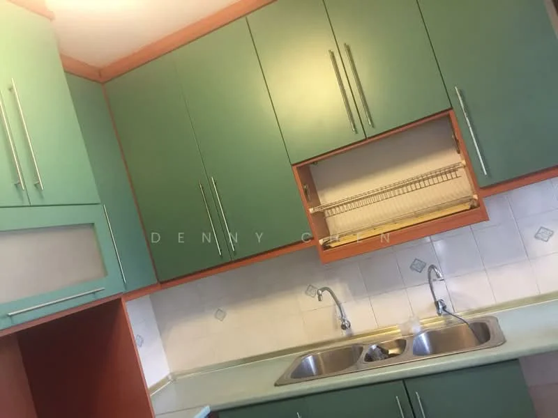Kitchen features: green cabinetry, double-bowl stainless-steel sink, chrome pull-down faucet, white tiled backsplash, laminate countertop, upper cabinets with open shelving, lower cabinets, wood trim, built-in dish rack; style: modern.
