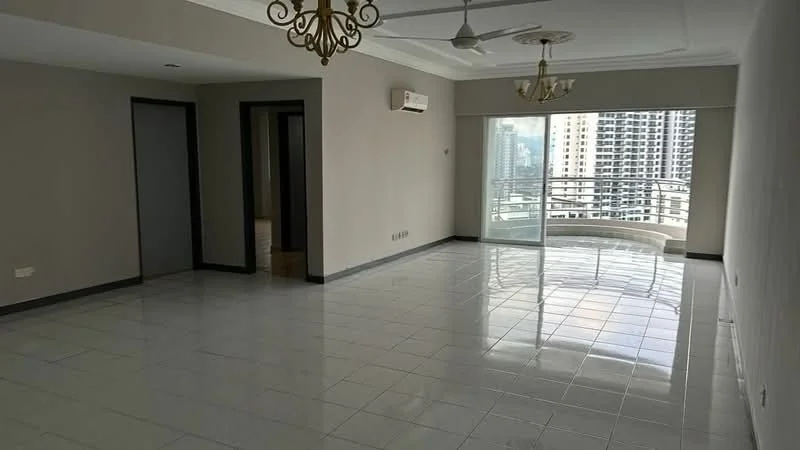 Living features: white painted walls, glossy tile flooring, 5-blade ceiling fan with light, chandelier, floor-to-ceiling windows, sliding glass door, balcony access, air conditioning unit, neutral color scheme; style: modern; view: city.