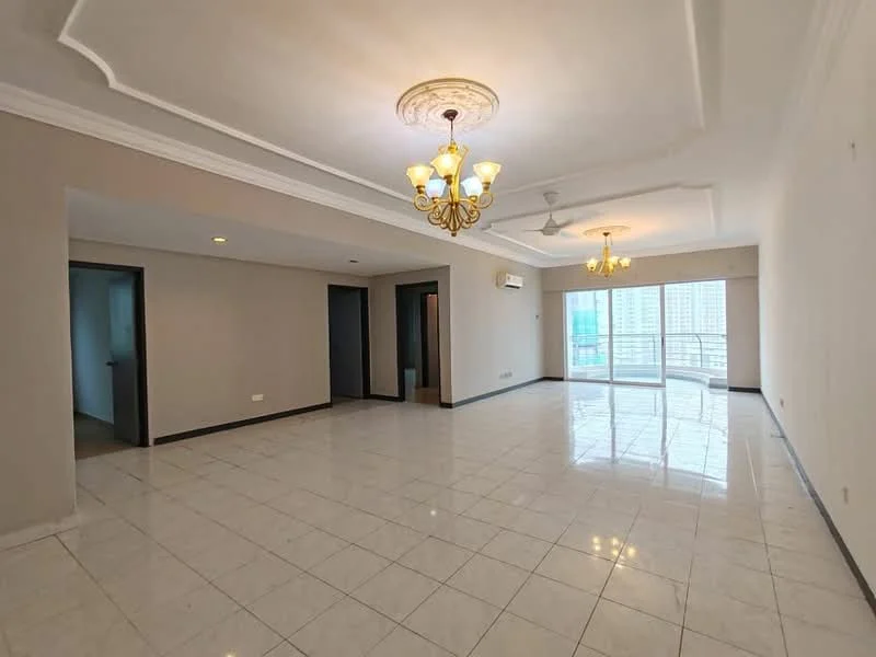 Living features: white painted walls, marble tile flooring, tray ceiling, chandelier, 5-blade ceiling fan with light, floor-to-ceiling windows, sliding glass door, balcony access, recessed downlights, air conditioning unit; style: modern; view: city.