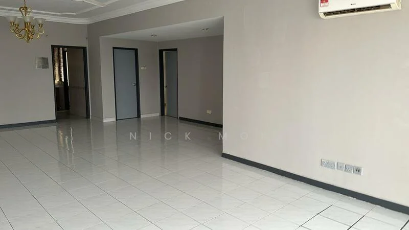 Room features: white painted walls, glossy white tile flooring, ceiling with chandelier, 1 wall-mounted split AC, multiple doorways, neutral color scheme, large open space, no visible furniture; style: modern.