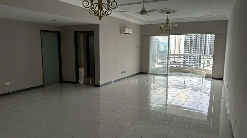 Living features: white painted walls, polished ceramic tile flooring, tray ceiling, 5-blade ceiling fan with light, floor-to-ceiling windows, sliding glass door, balcony view, recessed downlights, chandelier; style: modern; view: city.