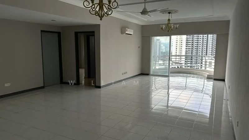 Living features: white painted walls, polished ceramic tile flooring, tray ceiling, 5-blade ceiling fan, recessed downlights, floor-to-ceiling windows, sliding glass door, balcony access, air conditioning unit, chandelier; style: modern; view: city.