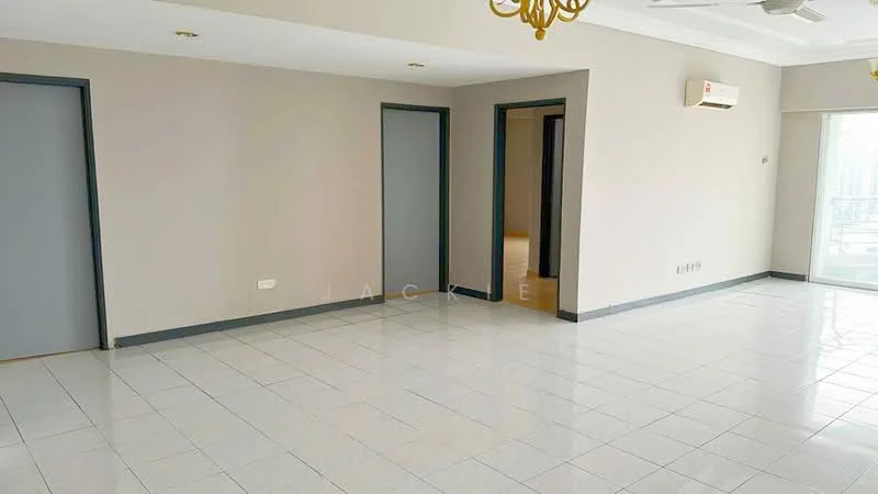 Room features: white painted walls, glossy ceramic tile flooring, ceiling fan, wall-mounted split AC, sliding glass door, neutral color scheme, recessed lighting, doorways leading to other rooms; style: modern; view: city.