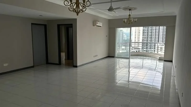 Living features: white painted walls, glossy ceramic tile flooring, tray ceiling with chandelier, 5-blade ceiling fan, floor-to-ceiling windows, sliding glass door to balcony, air conditioning unit, neutral color scheme; style: modern; view: city. Room features: grey painted walls, doorway leading to other rooms.