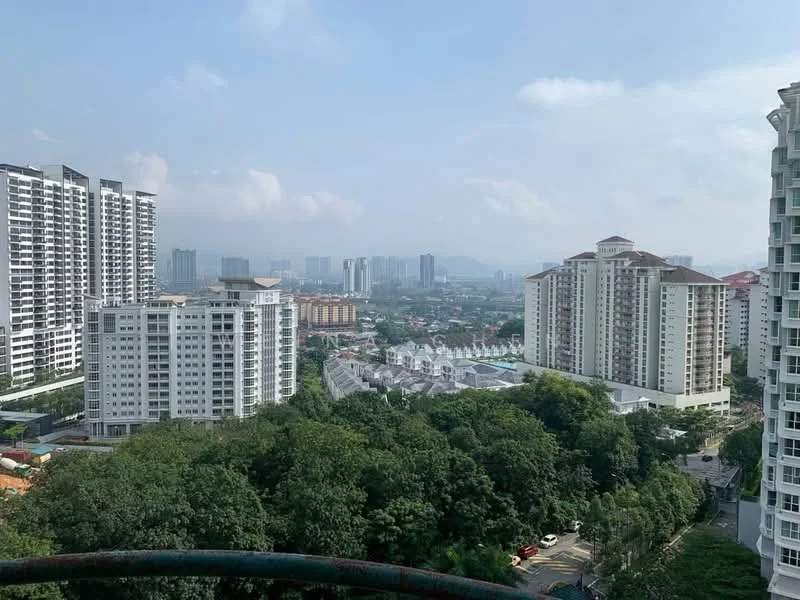 Exterior type: high-rise condominium; features: multiple high-rise buildings, green landscaping, surrounding trees, city skyline in background, swimming pool visible, residential area, urban context; style: modern.