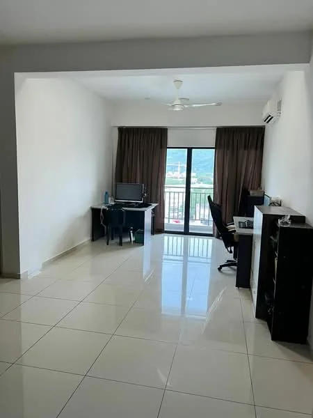 Study features: white painted walls, glossy ceramic tile flooring, 5-blade ceiling fan, floor-to-ceiling sliding glass door, brown curtains, desk with computer, black office chair, black cabinet, window view of mountains; style: modern; view: mountain.