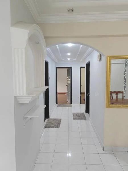 Hallway features: white painted walls, glossy white tile flooring, tray ceiling with recessed lighting, arched entryway, decorative wall niche, mirror with gold frame, two doorways leading to other rooms, carpet mats on the floor; style: modern.