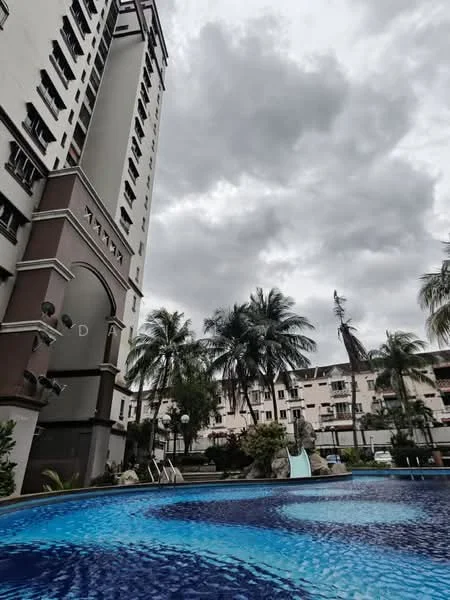 Exterior type: high-rise condominium; features: infinity pool, pool deck with loungers, palm trees, landscaped garden, multi-storey building, balconies on upper floors, grey facade, glass windows, surrounded by greenery; style: modern.