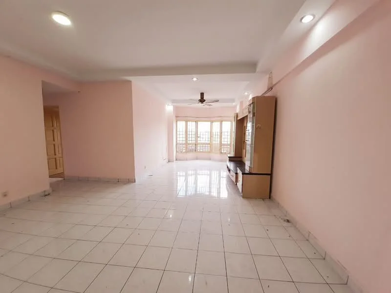 Living features: pink painted walls, white ceiling, marble tile flooring, 5-blade ceiling fan, built-in TV console, large windows with natural light, sliding glass door, wall-mounted light fixtures; style: modern; view: city.