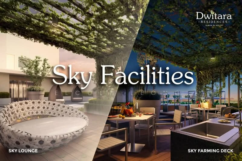 Exterior features: outdoor lounge area, circular seating arrangement, greenery overhead, outdoor dining area, grill station, sky farming deck, decorative lighting, open-air design; style: modern.