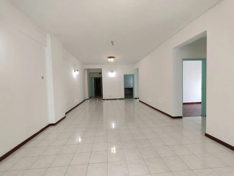 Room features: white painted walls, glossy white tile flooring, ceiling light fixture, doorway leading to another room, doorway leading to kitchen, baseboards, neutral color scheme, open layout; style: modern.