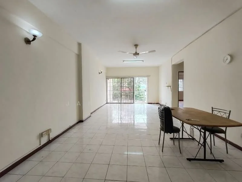 Living features: white painted walls, glossy ceramic tile flooring, 5-blade ceiling fan with light, sliding glass door, floor-to-ceiling windows, dining table with folding legs, 2 dining chairs, wall-mounted clock, natural light from windows, neutral color scheme; style: modern; view: garden.