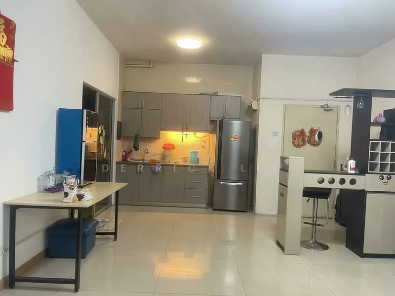 Kitchen features: grey cabinetry, stainless-steel fridge, built-in oven, 4-burner gas hob, single-bowl stainless-steel sink, chrome pull-down faucet, white tiled backsplash, countertop with under-cabinet lighting, wall-mounted cabinet, open shelving, ceramic tile flooring, recessed ceiling lights; style: modern. Dining features: bar counter with stools, decorative wall art, open layout, ceramic tile flooring; style: modern.