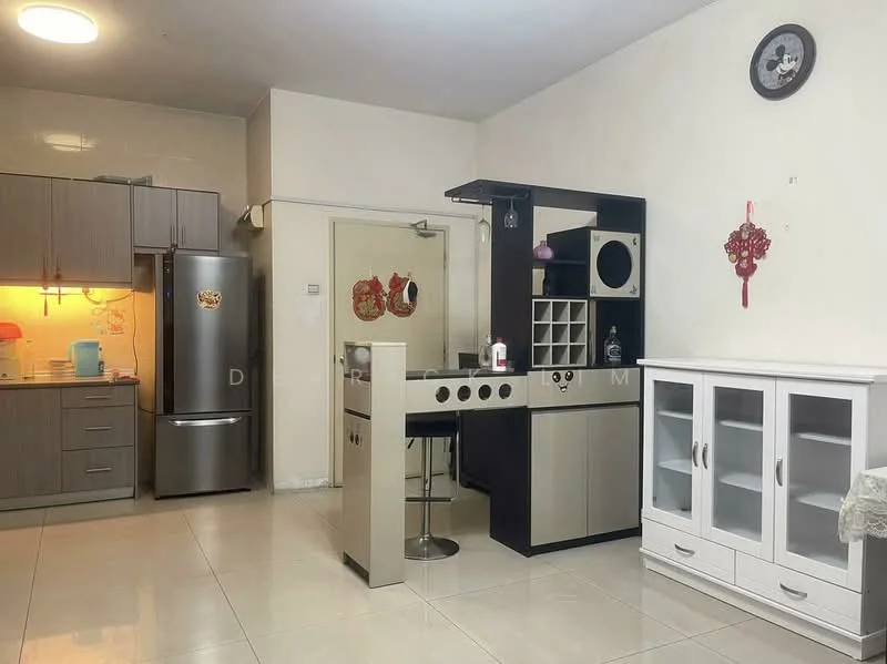 Kitchen features: grey cabinetry, white countertop, stainless-steel fridge, built-in oven, ceramic tile flooring, recessed lighting, open shelving, bar counter with stools, decorative wall art, white display cabinet; style: modern.