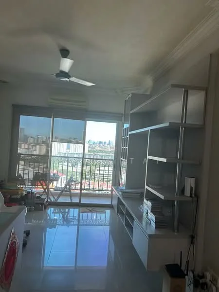 Living features: white painted walls, glossy tile flooring, 5-blade ceiling fan with light, floor-to-ceiling sliding glass door, built-in shelving unit, city skyline view, air conditioning unit; style: modern; view: city.