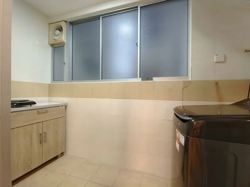 Laundry features: washing machine, gas stove, wood cabinetry, white countertop, tile flooring, window with frosted glass, wall-mounted air conditioning unit, cream tiled walls.