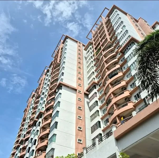 Exterior type: high-rise condominium; features: pink painted facade, glass windows, recessed balconies, approximately 20-storey high-rise, surrounded by greenery, visible outdoor spaces, multiple window styles; style: modern.