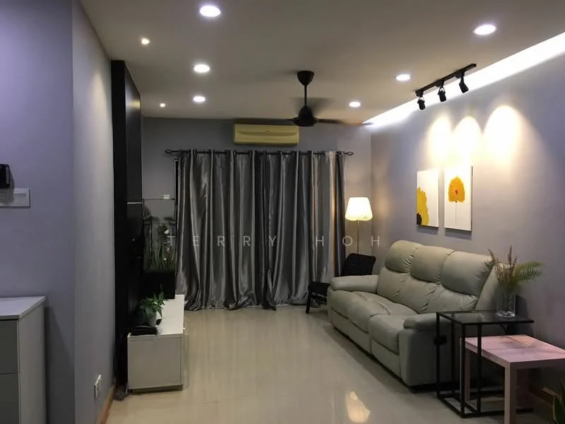 Living features: grey leather sofa, 2-seater sofa, coffee table, floor lamp, framed artwork on walls, curtains in grey, recessed LED downlights, ceiling fan, light-colored wall, glossy tile flooring, TV console, wall-mounted TV; style: modern.