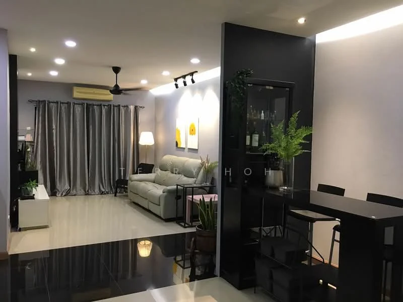 Living features: 3-seater fabric sofa in light grey, black coffee table, wall-mounted TV, floor-to-ceiling curtains in grey, recessed LED downlights, ceiling fan with light, decorative plants in pots, black shelving unit with glass display, laminate flooring, accent wall in light grey, light-colored wall with artwork, dining area with black bar stools; style: modern.