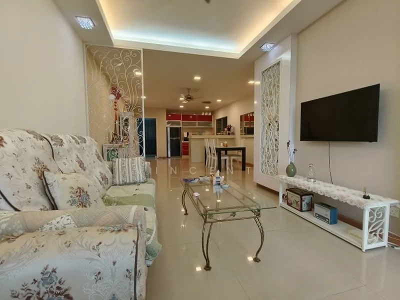 Living features: 3-seater fabric sofa in light green, 2-seater fabric sofa in floral pattern, glass coffee table, wall-mounted TV, recessed downlights, ceiling fan, cream painted walls, tile flooring, open layout to kitchen, decorative wall panel, side table with decorative items; style: modern. Kitchen features: stainless-steel fridge, built-in oven, freestanding range oven, kitchen island with bar stools, red cabinetry, white countertops, open shelving, tile backsplash; style: modern.