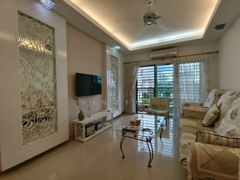 Living features: cream painted walls, recessed ceiling with LED lighting, 5-blade ceiling fan with light, floor-to-ceiling windows, sliding glass door, sheer curtains, wall-mounted TV, coffee table with glass top, 2-seater fabric sofa in floral pattern, 3-seater fabric sofa in floral pattern, decorative wall panel, tile flooring; style: modern; view: city.