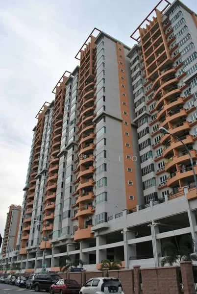 Exterior type: mid-rise condominium; features: orange and grey painted facade, balconies with glass railings, multiple storeys, parking area underneath, landscaped area with palm trees, windows with vertical fins, exposed concrete, projecting balconies; style: modern.