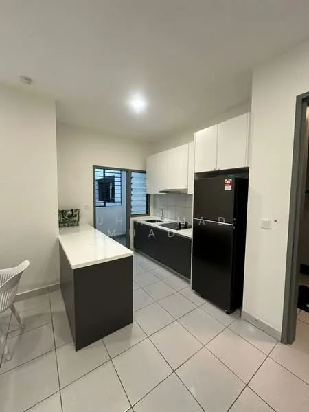 Kitchen features: white cabinetry, black refrigerator, stainless-steel sink, chrome pull-down faucet, white countertop, ceramic tile flooring, wall-mounted cabinets, built-in stove, window with view to outside, open layout, dining table with chairs; style: modern.
