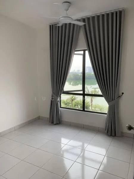 Room features: white painted walls, grey curtains, floor-to-ceiling window, tile flooring, ceiling fan, view of greenery; style: modern; view: garden.
