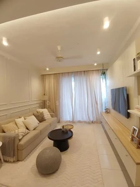Living features: light-colored fabric sofa, decorative throw pillows, round black coffee table, area rug with geometric pattern, wall-mounted TV, light wood media console, floor-to-ceiling windows, sheer curtains, ceiling fan with light, recessed downlights, white painted walls with wainscoting, light-colored tile flooring; style: modern.
