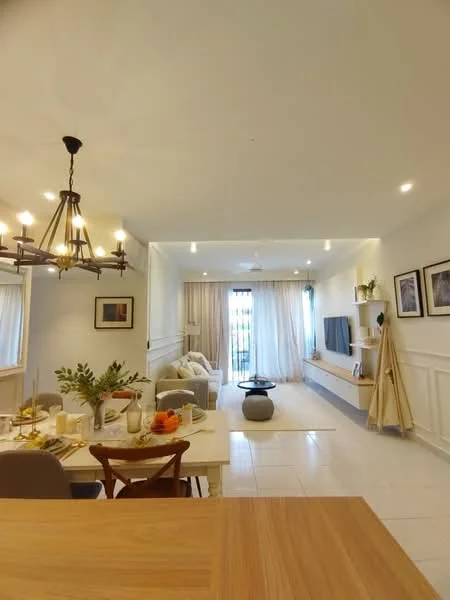 Living features: white painted walls, recessed downlights, chandelier, floor-to-ceiling windows, sheer curtains, light-colored sofa, TV mounted on wall, light-colored area rug, decorative wall shelves, coffee table, decorative plants, dining table with chairs, table setting with plates and glasses; style: modern; view: garden.