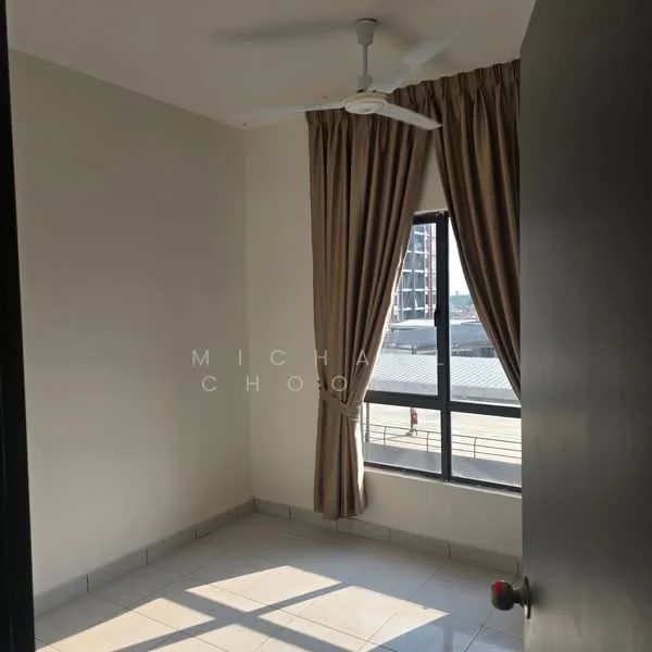 Bedroom features: light-colored painted walls, tiled flooring, ceiling fan, floor-to-ceiling window, curtains, window view of city, built-in wardrobe, neutral decor; style: modern; view: city.