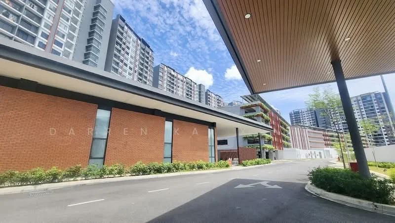 Exterior type: mid-rise condominium; features: red brick facade, flat roof, approximately 5-storey, manicured landscaping, paved driveway, covered entrance, surrounded by greenery, large windows, balconies on upper floors, modern architectural design; style: modern.