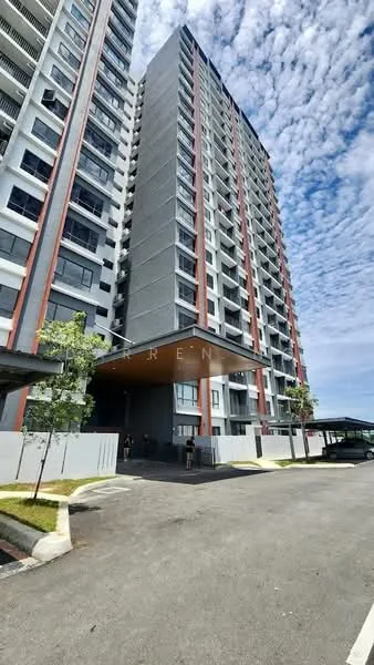 Exterior type: high-rise condominium; features: grey concrete facade, red accent panels, floor-to-ceiling windows, covered entrance, landscaped area with grass, paved driveway, multiple storeys, modern architectural design; style: modern.