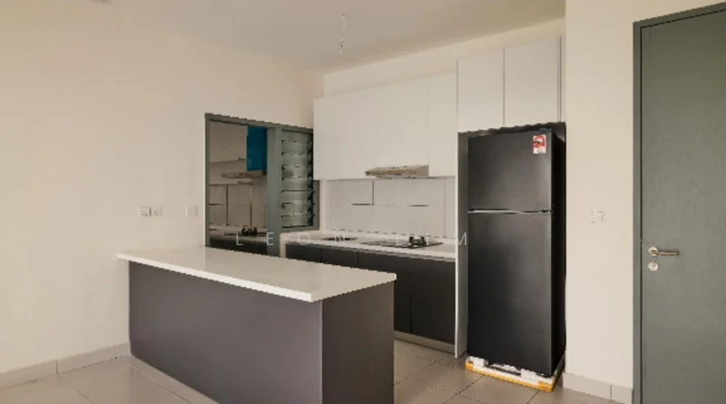 Kitchen features: white upper cabinets, dark grey lower cabinets, white countertop, stainless-steel fridge, built-in oven, 4-burner gas hob, extractor hood, tile flooring, recessed downlights, open layout, kitchen island; style: modern.