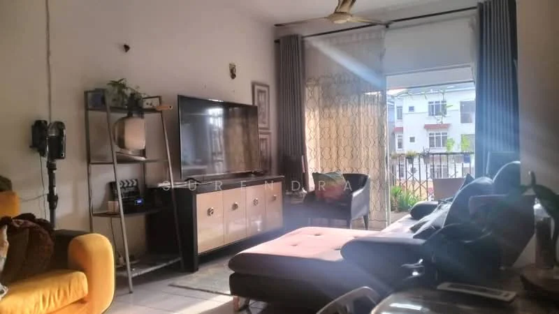 Living features: 3-seater fabric sofa in grey, yellow accent chair, coffee table, TV console, wall-mounted TV, floor-to-ceiling windows, curtains, ceiling fan, decorative plants, light-colored walls, tile flooring, area rug, decorative artwork; style: modern; view: garden.